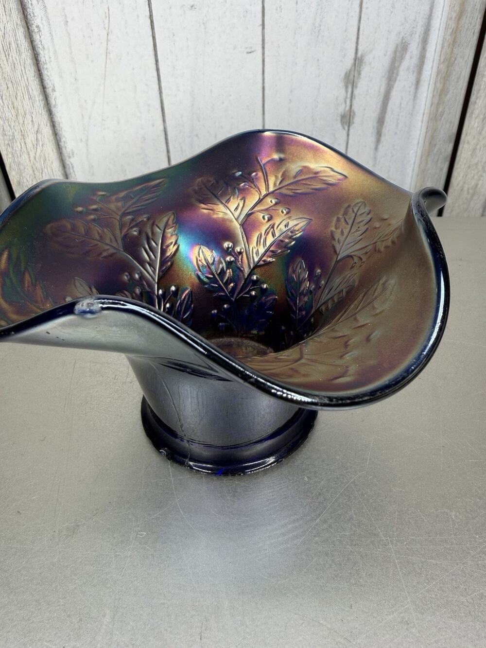 Vintage Fenton Hat Vase Bowl Cobalt Blue Carnival Glass Leaves & Berries